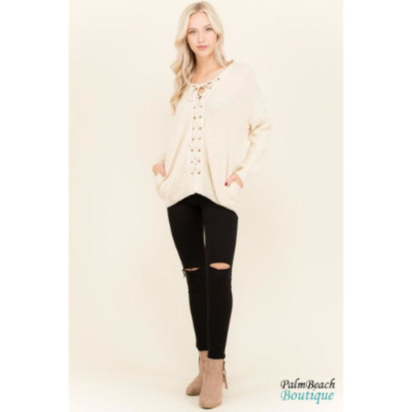 Petal Roz Sweaters - Petal Roz Lace Up Front Cream Sweater